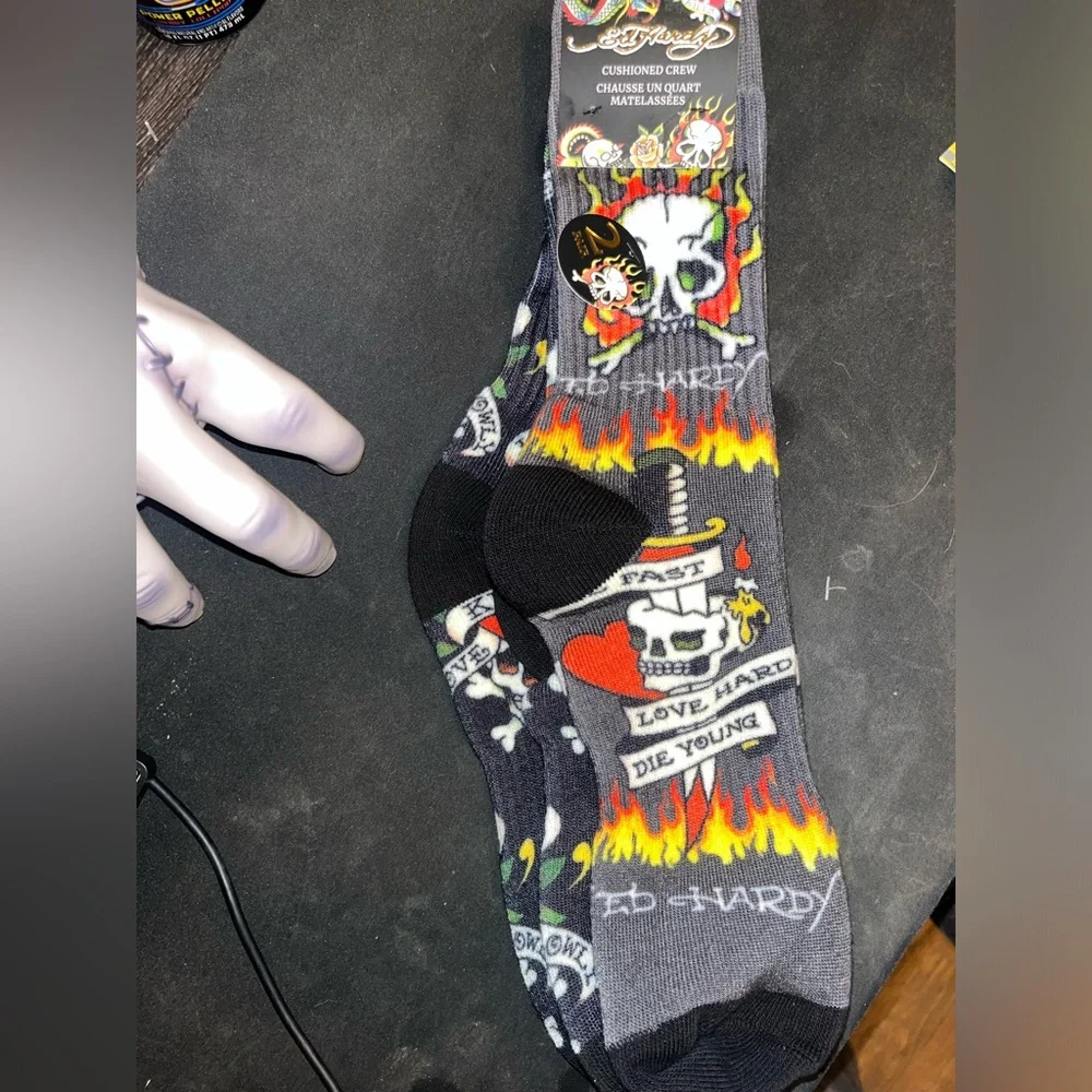 Ed Hardy Gray Crew Socks with Skull, Red Heart & Flame Graphics